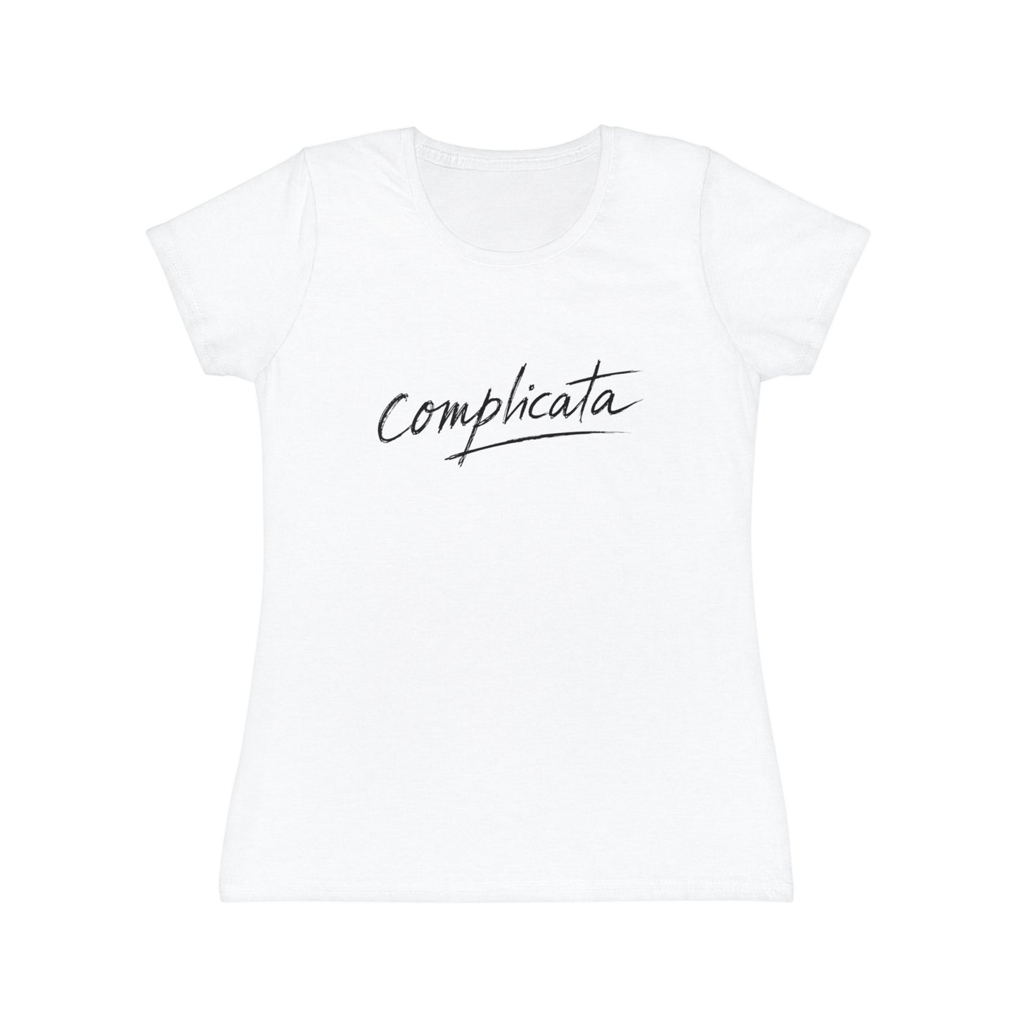 T-shirt donna bianca con scritta corsiva minimal Complicata