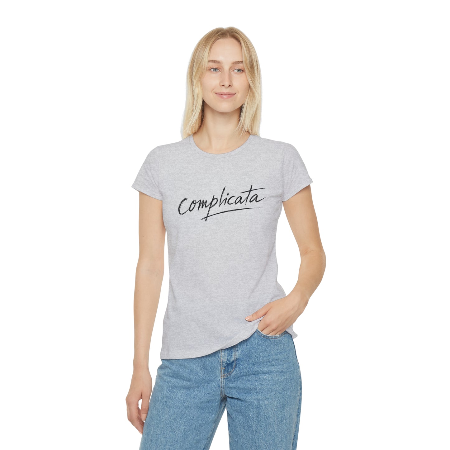 T-shirt donna bianca con scritta corsiva minimal Complicata