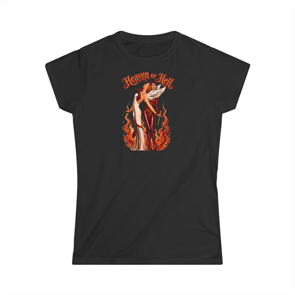 Heaven or Hell Women's T‑Shirt — Retro Pinup Devil & Angel Graphic Tee