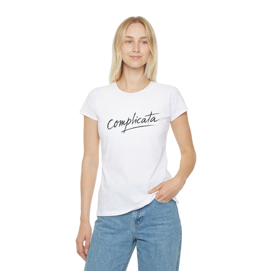 T-shirt donna bianca con scritta corsiva minimal Complicata